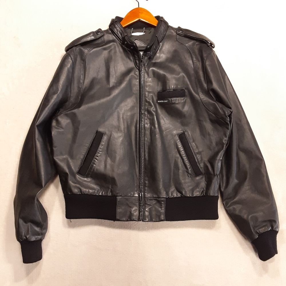Vintage Members Only Racer Bomber Jacket Sz.44 Black Genuine Leather Throat Snap